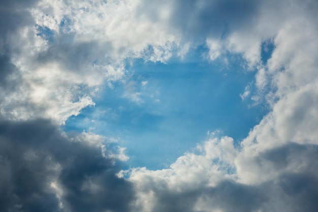 Sunny hole in dark cloudy sky as a clearing up during the thunderstorm