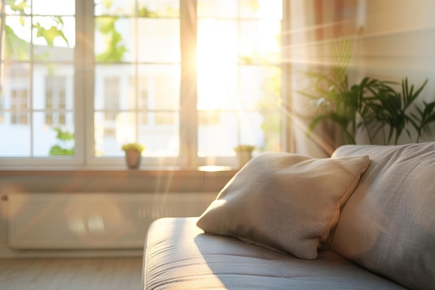 Sunny living room with focus on empty couch and blurred background