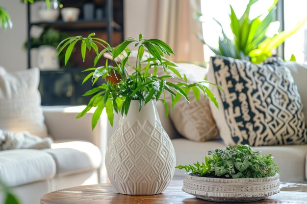 Sunny living room with a potted plant and coffee table Comfortable sofa and decorative cushions in the background