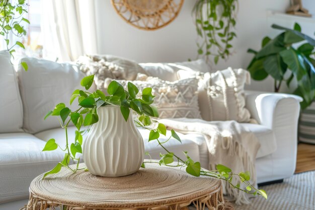 Sunny living room with a potted plant and coffee table Comfortable sofa and decorative cushions in the background