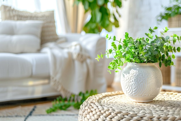 Photo sunny living room with a potted plant and coffee table comfortable sofa and decorative cushions in the background