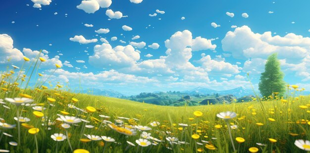 Sunny Meadow of White Daisies Under a Majestic CloudFilled Sky Generative AI