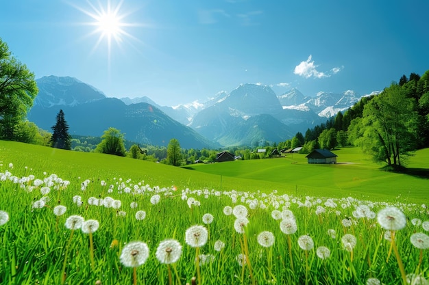 Sunny Meadow with Dandelions in a Mountain Valley