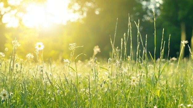 Sunny Meadow with White Flowers and Grass