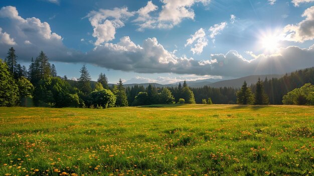 Sunny Meadow with Wildflowers and Mountain View