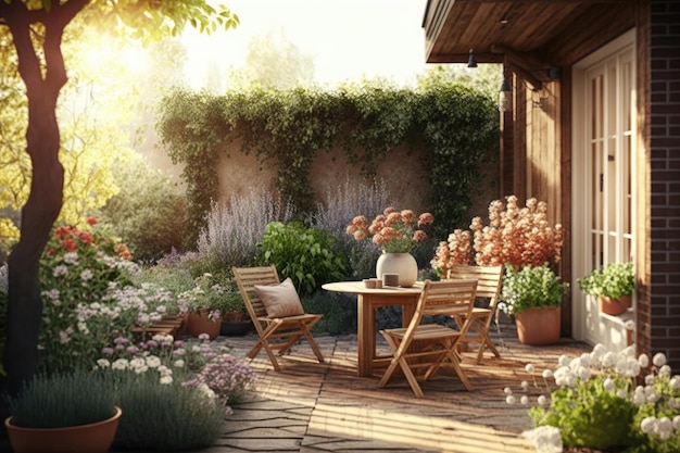 Sunny modern patio with wooden furniture and flowers around created with generative ai