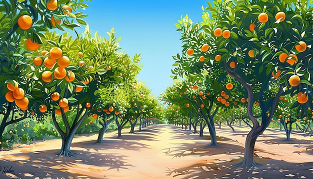 Photo sunny orange grove perspective featuring ripe oranges lush greenery and a pathway under a bright b