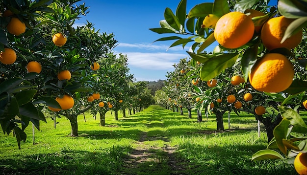 Photo sunny orange grove perspective featuring ripe oranges lush greenery and a pathway under a bright b