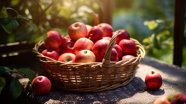 Sunny Orchard Red Apples in Basket on Garden Table