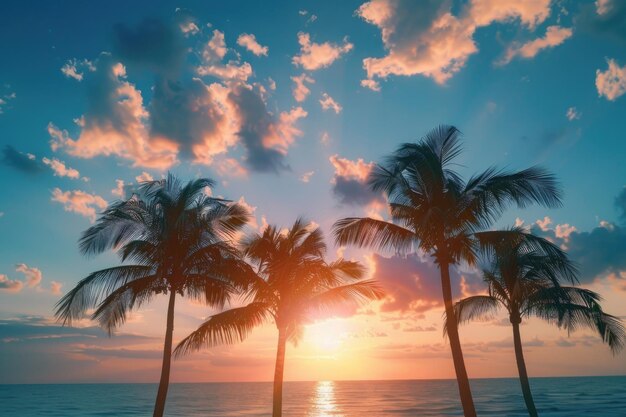 Photo sunny palm trees sunset in miami beach florida with american coast background