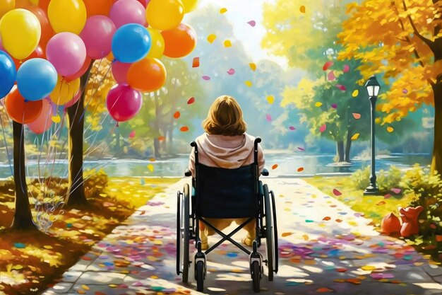 Sunny Park Day WheelchairBound Girl Finds Joy Among Colorful Balloons Generative AI