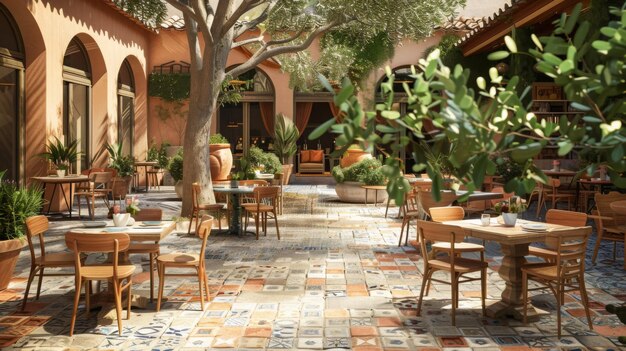 A sunny patio scene with tables and chairs arranged around a large tree