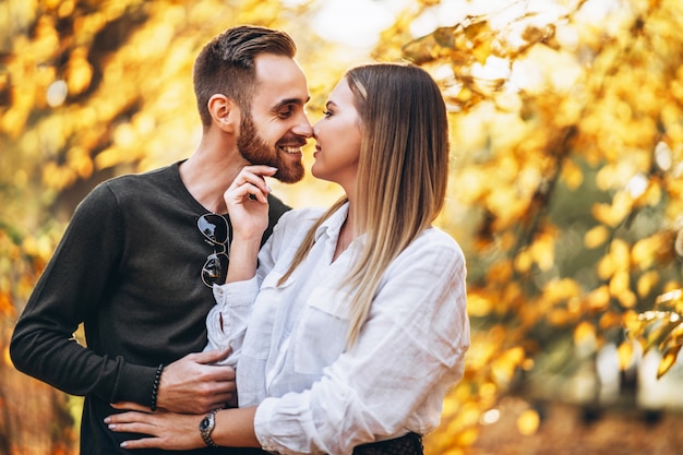 Sunny portrait of a young loving couple walking in the autumn park.