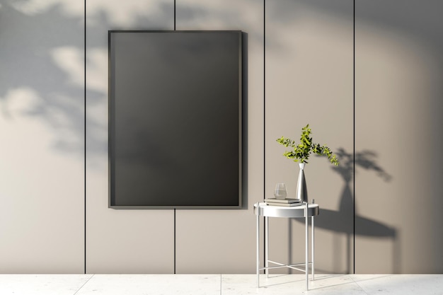 Sunny room with blank balck poster with black frame on beige wall with marble floor and modern coffee table with books and glass of water Mockup 3D rendering