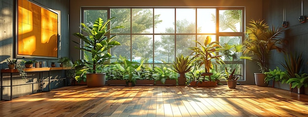 Sunny room with large windows and lush green plants wooden floor and warm light filtering through