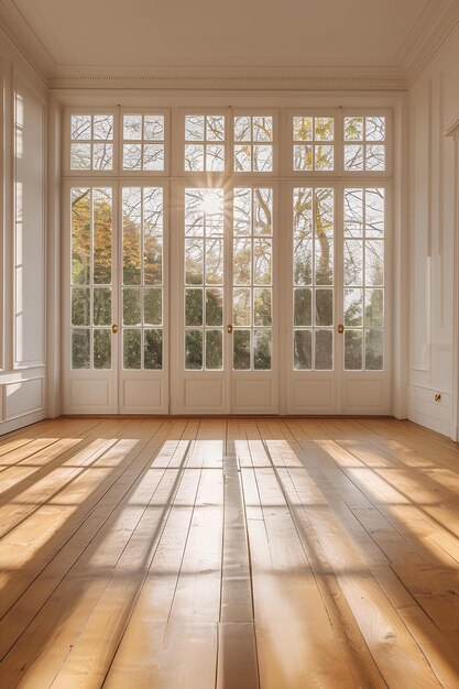 Sunny room with wooden floor and windows