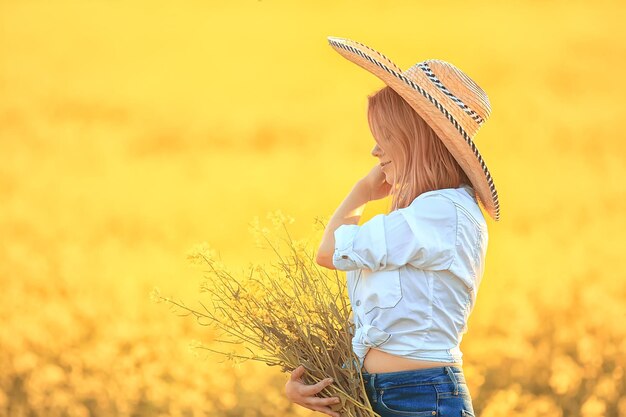 sunny season field yellow flowers attractive lady, beautiful springtime, nature female background