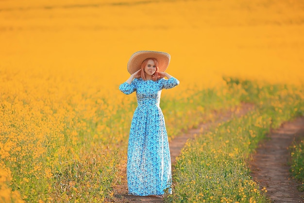 sunny season field yellow flowers attractive lady, beautiful springtime, nature female background