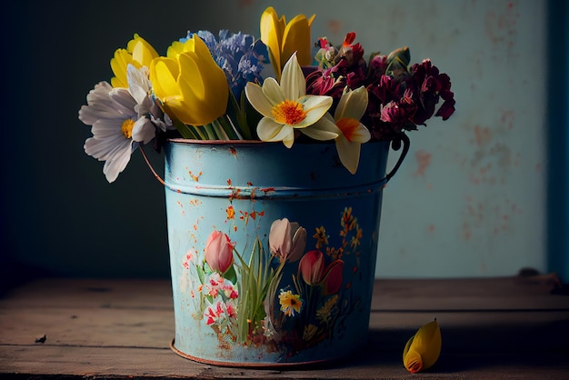 Sunny spring background with a bucket of wildflowers Illustration Generative AI