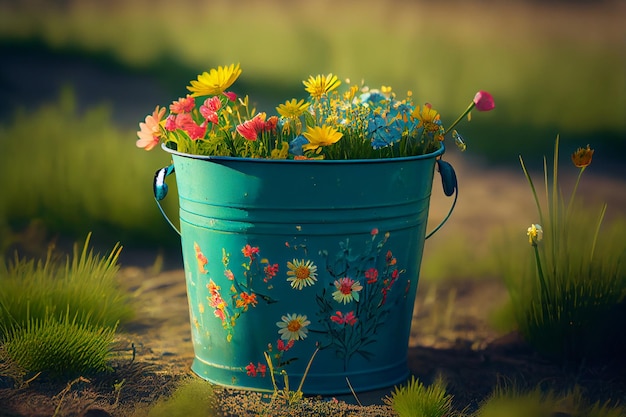 Sunny spring background with a bucket of wildflowers Illustration Generative AI