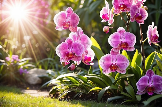 Photo sunny spring border with pink orchids and glowing sunlight