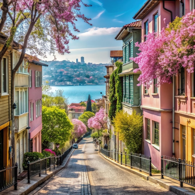 A Sunny Spring Day in Istanbuls Kuzguncuk District With Views of the Bosphorus Generative AI