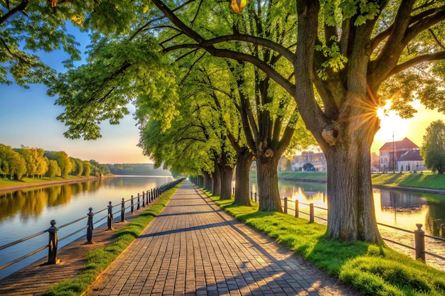 Photo sunny spring morning on the kyiv embankment on the river uzh scenic urban nature scenery of uzhgorod row of old chestnut trees along the walking path in morning light