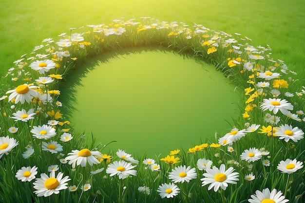 Sunny spring season bloomig meadow copy space background In circle frame Created with Generative AI technology