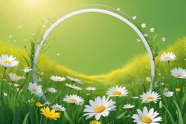 Sunny spring season bloomig meadow copy space background In circle frame Created with Generative AI technology