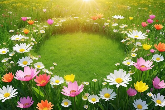 Sunny spring season bloomig meadow copy space background In circle frame Created with Generative AI technology