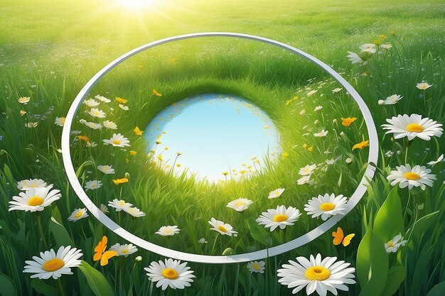 Sunny spring season bloomig meadow copy space background In circle frame Created with Generative AI technology