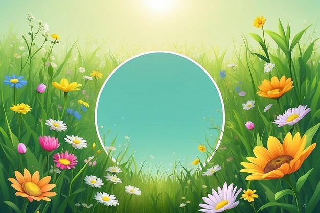 Sunny spring season bloomig meadow copy space background In circle frame Created with Generative AI technology