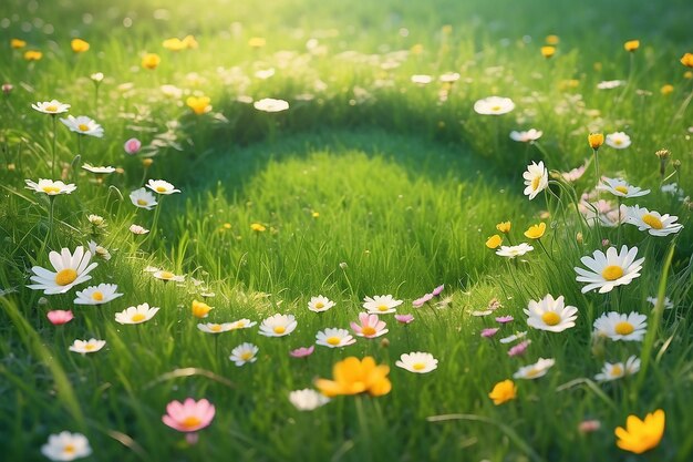 Sunny spring season bloomig meadow copy space background In circle frame Created with Generative AI technology