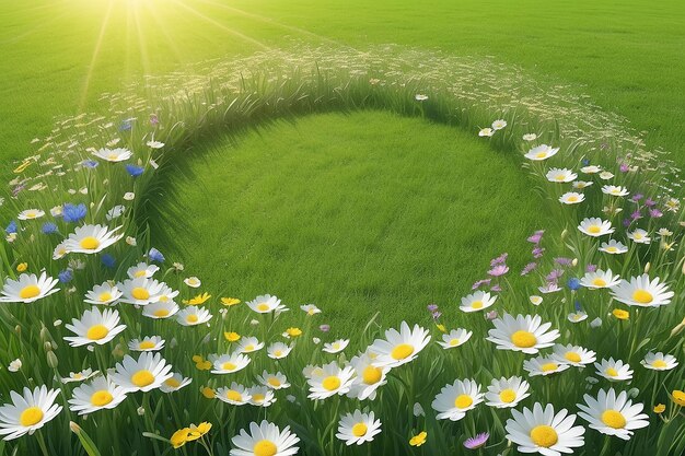 Sunny spring season bloomig meadow copy space background In circle frame Created with Generative AI technology