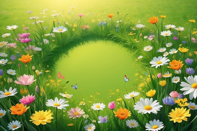 Sunny spring season bloomig meadow copy space background In circle frame Created with Generative AI technology