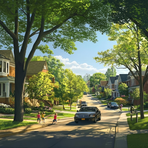 A sunny suburban street with children walking and cars driving