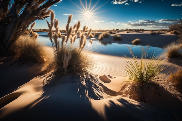 Sunny summer blue lagoon with sandy shore landscape Generative AI