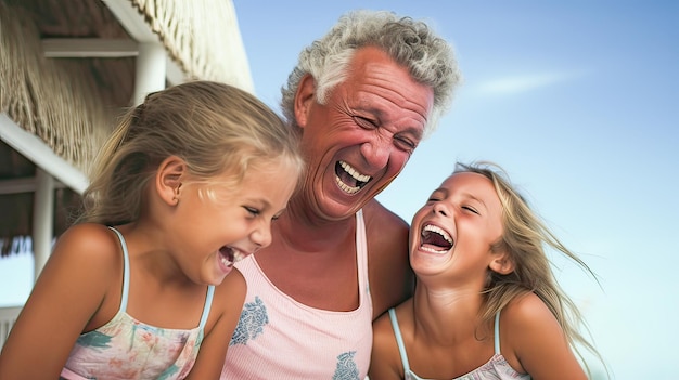 Photo sunny summer day blue sky beach setting elderly man shares laughter with granddaughters