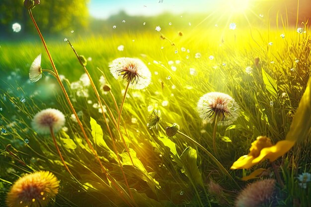 Sunny summer meadow with small flowers and dandelion with seeds in nature generative ai