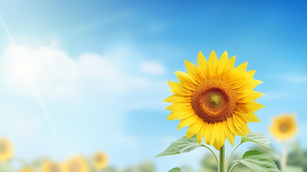 Sunny sunflower in a closeup view amidst the field under the blue sky Bright yellow