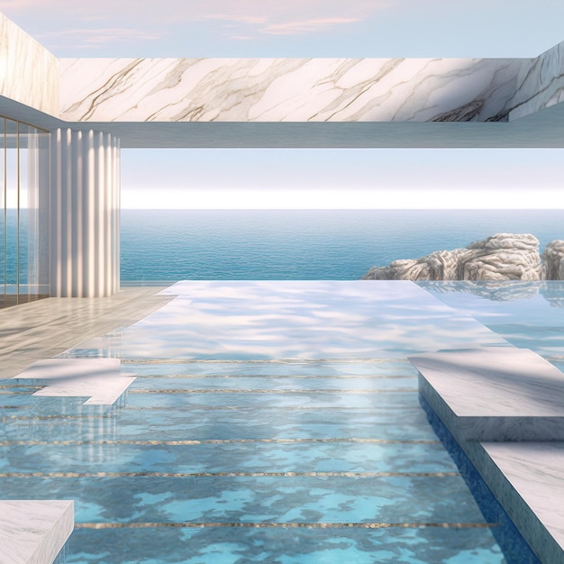 Sunny tranquil modern luxury home showcase exterior with infinity pool and ocean view generative