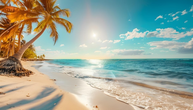 Sunny tropical Caribbean beach with palm trees and turquoise water hot summer day