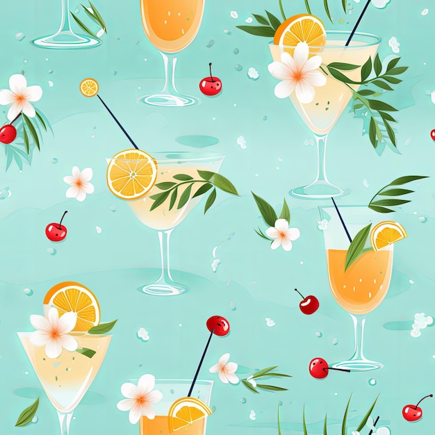 Sunny tropical cocktail seamless patterns background