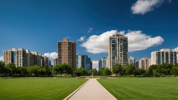 Sunny urban park landscape with skyscrapers and lush greenery