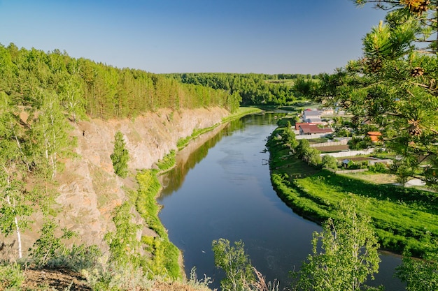 Sunny Village River and Suspended Bridge