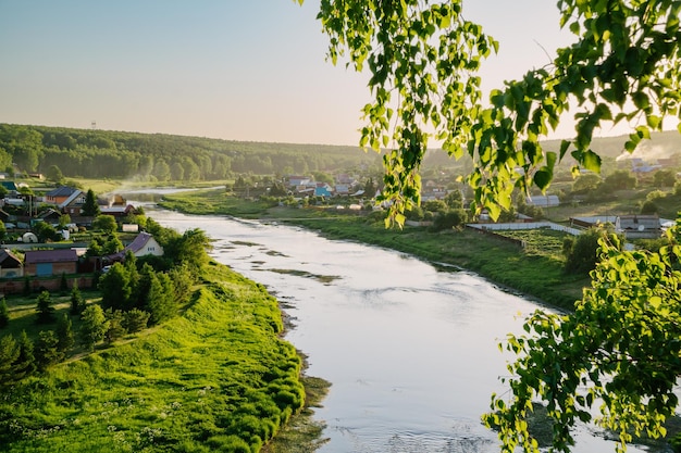 Sunny Village River and Suspended Bridge