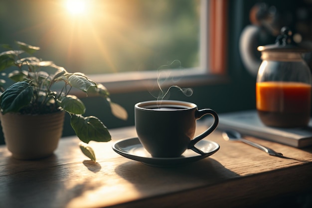 Sunny warm morning with a cup of coffee illustration Generative AI