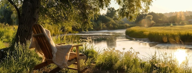 Photo sunny weather as you immerse yourself in the tranquil beauty of russian nature by the river with a wooden chair adorned with a cozy blanket inviting you to relax and unwind