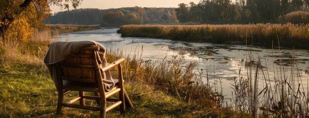 Photo sunny weather as you immerse yourself in the tranquil beauty of russian nature by the river with a wooden chair adorned with a cozy blanket inviting you to relax and unwind