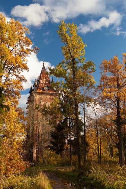 Sunny weather, yellow trees, blue sky and old ruins